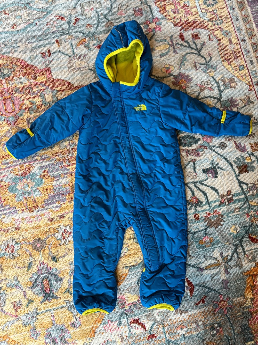 The North Face Kids Royal Blue and Yellow Hooded Insulated One-Piece